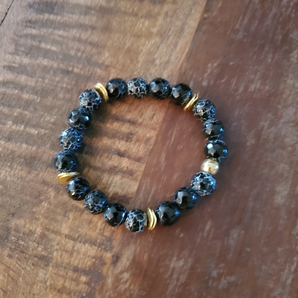 Snowflake Obsidian & Gold Beaded Stretch Bracelet